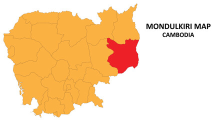 Fototapeta premium Mondulkiri State and regions map highlighted on Cambodia map.