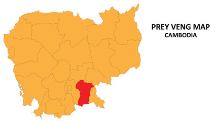 Prey Veng State and regions map highlighted on Cambodia map.