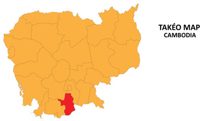 Obraz premium Takéo State and regions map highlighted on Cambodia map.