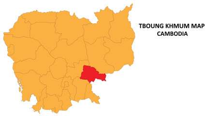 Obraz premium Tboung Khmum State and regions map highlighted on Cambodia map.