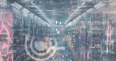 Image of digital icons, data processing and binary coding over empty computer server room