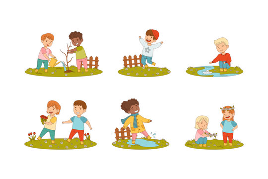 Little Boy and Girl Enjoying Spring Season Walking, Playing with Paper Boat and Splashing in Puddle Vector Set