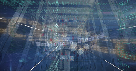 Image of security chain, globe of digital icons and data processing over computer server room