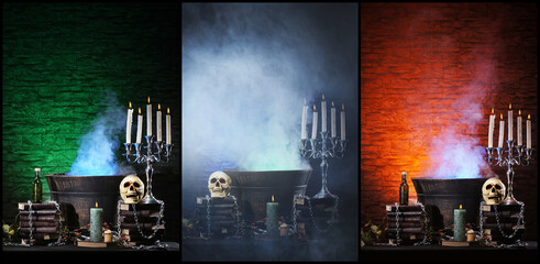 Scary old skull and candles on ancient gothic fireplace. Halloween, witchcraft and magic concept. Set collage.