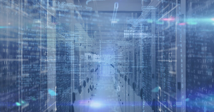 Image of data processing and light trails against empty computer server room