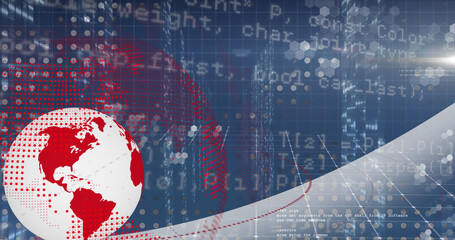 Image of spinning globe and data processing over grid network against blue background