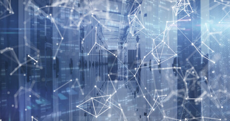 Image of digital icons over network of connections against empty computer server room