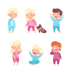 Sleepy Little Boy and Girl Wearing Pajamas Stretching and Yawning Vector Illustration Set