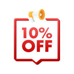 10 percent OFF Sale Discount Banner with megaphone. Discount offer price tag. 10 percent discount promotion flat icon. Vector illustration.