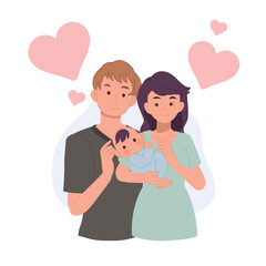 Happy family and childhood concept. a portrait of mother father and baby. vector illustration