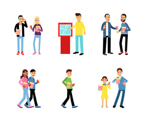 People Characters in the Cinema Buying Tickets and Watching Movie with Popcorn Vector Set