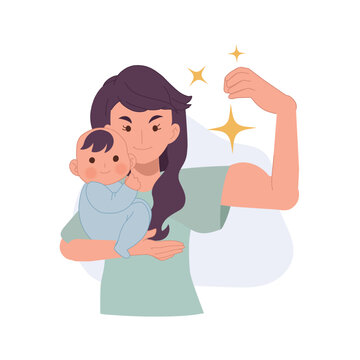 Super Mom - Mother Flexing Muscles. Mother Holding Baby. Vector Illustration