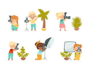 Pretty Children with Digital Camera and Soft Box Lighting Taking Photograph Vector Set