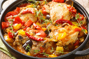 African Ivory Coast Style Kedjenou Chicken Stew with vegetables closeup in the pan on the table. Horizontal
