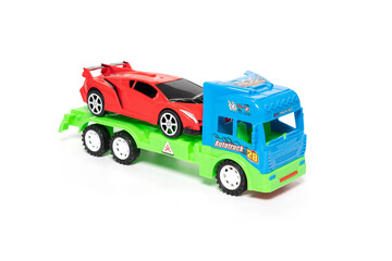 Car transporter truck toy isolated on white background