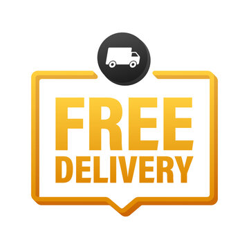 Free delivery. Badge with truck. Price tag. Vector stock illustrtaion.