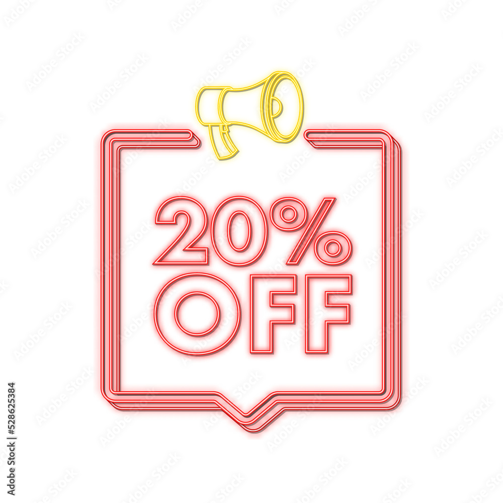 Canvas Prints 20 percent OFF Sale Discount neon banner with megaphone. Discount offer price tag. 20 percent discount promotion flat icon with long shadow. Vector illustration.