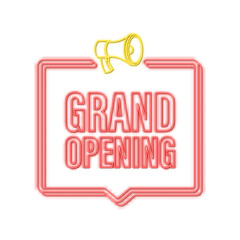 Megaphone label with neon grand opening. Megaphone banner. Web design. Vector stock illustration.