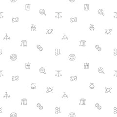 Monochrome seamless pattern science, atom, molecule, laboratory, planet, physics, experiment, microscope, chemical background on white backdrop. 
Repeat abstract texture.