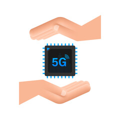 5G eSIM Embedded SIM card with hands icon symbol concept. new chip mobile cellular communication technology. Vector stock illustration.