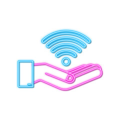 Free wifi zone neon sign in hands icon. Free wifi here sign concept. Vector illustration.