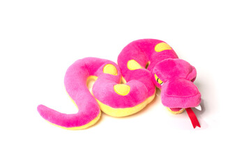 Funny soft snake toy isolated on white background.