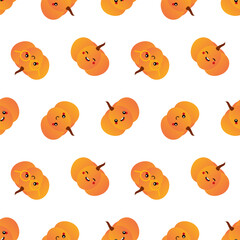 Cute cartoon style orange pumpkin characters vector seamless pattern background for autumn, harvest, thanksgiving design.
