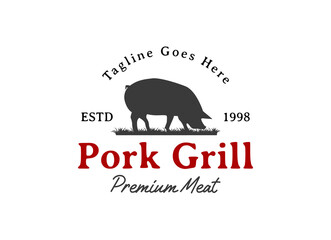Rustic pork meat and grill restaurant vector logo design