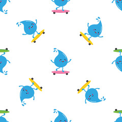 Cute happy water drop character riding skateboard vector seamless pattern background.
