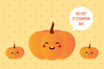 National Pumpkin Day greeting card, vector illustration with cute cartoon style pumpkin characters. October 26.
