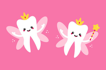 Couple of cute cartoon style tooth fairies, tooth queens with golden crowns, wings and magic wand for kids, children dental, oral care design. National Tooth Fairy Day.