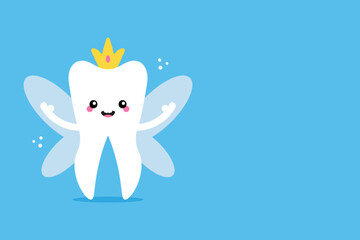 Cute cartoon style tooth fairy, tooth queen character card template with copy space for text, information, notification. National Tooth Fairy Day design.

