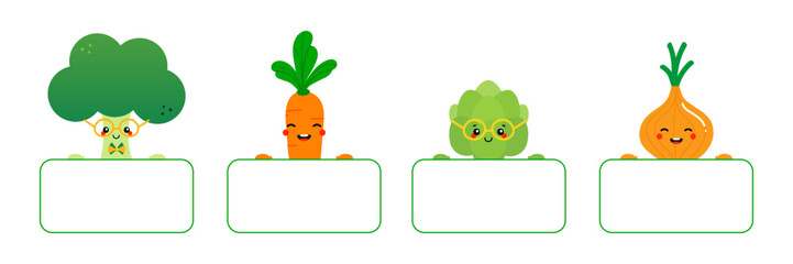 Set, collection of cute cartoon style broccoli, carrot, artichoke, onion characters holding in hands blank cards, banners, boards.
