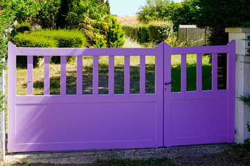 pink violet entry wooden gate closed of modern house suburb wood portal purple access home door