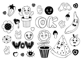 Retro set groovy elements. Funny characters flower power, potted cactus, banana, apple, watermelon, face emotion and gestures comical gloves hands. Vector isolated hand drawn hippie funky doodles.
