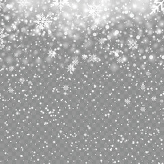 Xmas or New Year background with falling snowflakes on transparent background. Vector