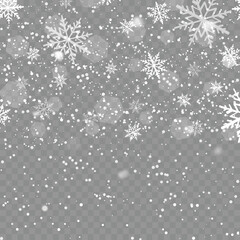 Xmas or New Year background with falling snowflakes on transparent background. Vector