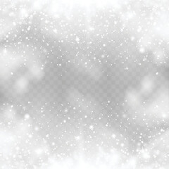 Xmas or New Year background with falling snowflakes on transparent background. Vector