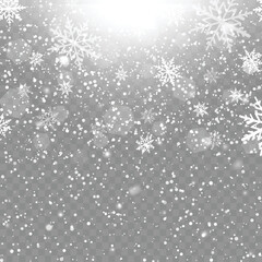 Xmas or New Year background with falling snowflakes on transparent background. Vector