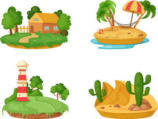 Small islands with different natural summer landscapes set. Island with cottage, palm trees, umbrella, sands and cactus, lighthouse. Game interface, summer vacation, holidays design cartoon vector
