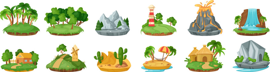 Small islands with different natural summer landscapes set. Island with cottage, palm trees, umbrella, sands and cactus, lighthouse. Game interface, summer vacation, holidays design cartoon vector