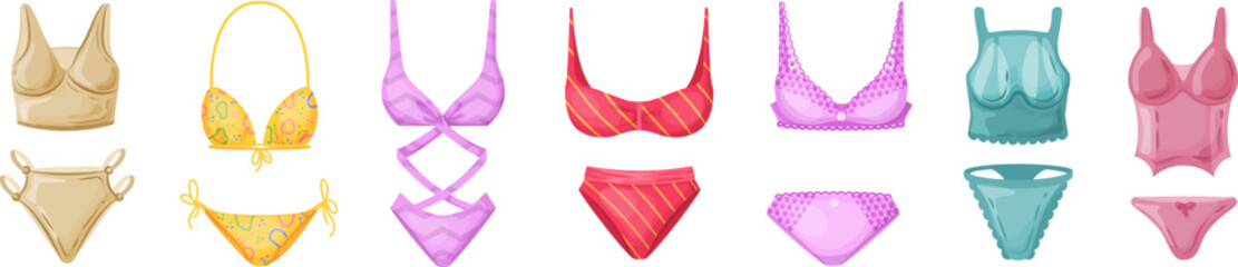 Women lingerie, swimwear, nightwear set. Seductive female apparel for sleeping and sexy underwear. Elegant ladies undergarments. Corset, panties, bra, underpants, cotton and silk chemise vector