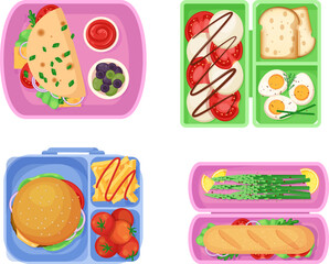 Meal trays with healthy balanced food for children set. View from above of school lunch trays filled with sandwiches, eggs, croissant, Hot Dog, vegetables and berries cartoon vector