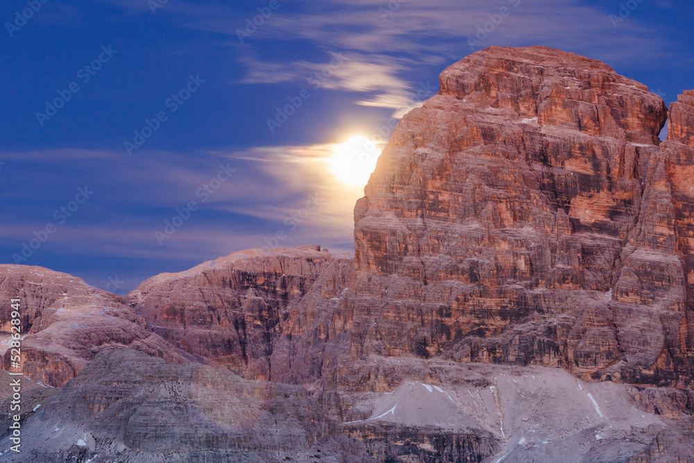 Poster Scenic view at a moonrise by a mountain