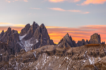 Mountain peaks at sunset in the dolomites