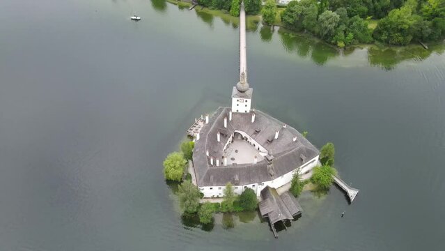 Aerial View From drone, Schloss Ort in Gmunden am Traunsee, pretty lake	