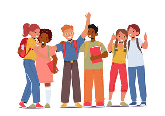 Fototapeta premium Back to School Concept with Pupils Boys and Girls with Backpacks and Textbooks Stand in Row. Happy Children Students