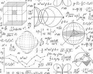 Mathematical vector seamless pattern with handwritten scientific formulas, figures, plots on white paper - 528629175