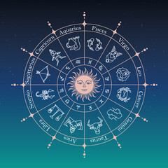 Astrology horoscope circle with zodiac signs dark sky background. Form symbol horoscope calendar, illustration collection zodiacal animals