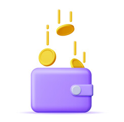 3D Falling Gold Coins and Leather Wallet. Money and Purse. Payment Exchange Concept. Render Golden Coins. Growth, Income, Savings, Investment. Symbol of Wealth. Business Success. Vector illustration.